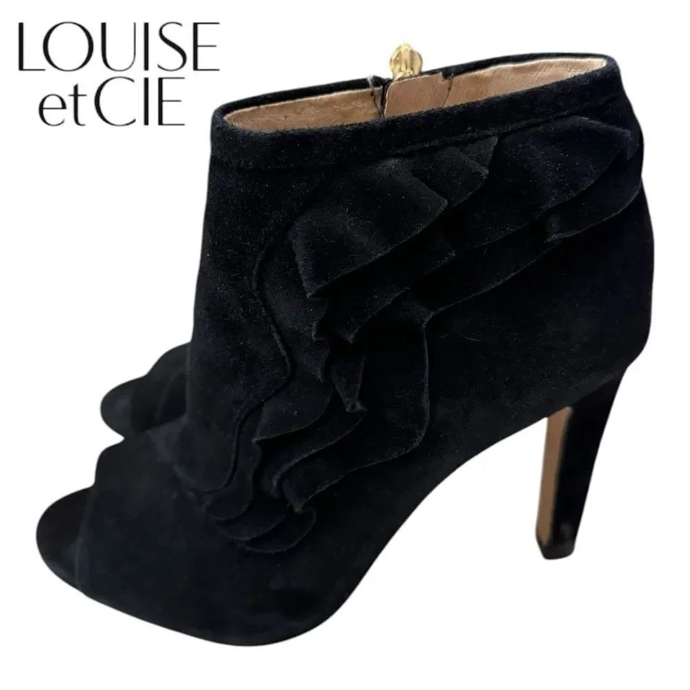 Louise et Cie Lo-Haze Soft Black Leather Ruffled Heeled Ankle Boots Booties 5.5